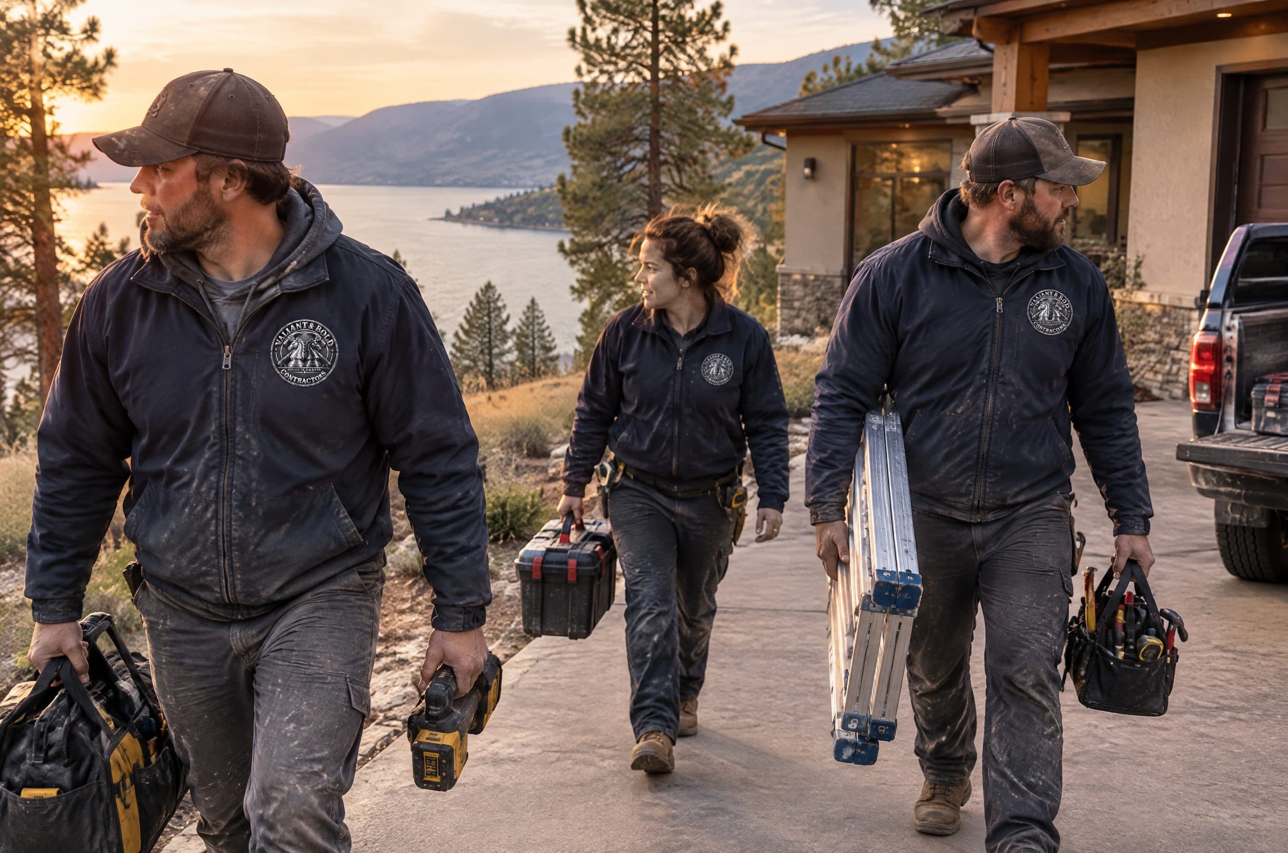 A Valiant & Bold crew walking up the driveway of a renovated Kelowna home at the end of the day.
