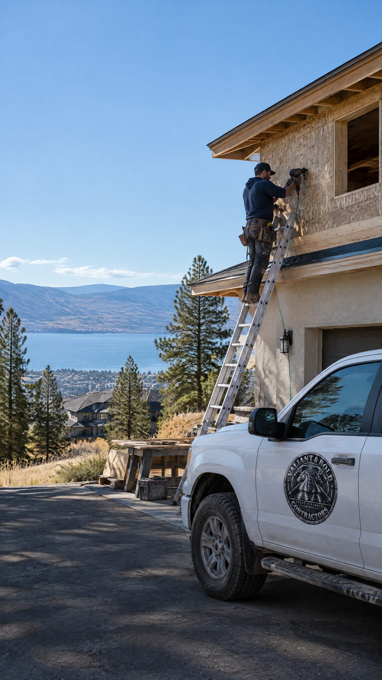 A Valiant & Bold crew framing a second-storey addition on a Kelowna stucco home above Okanagan Lake.