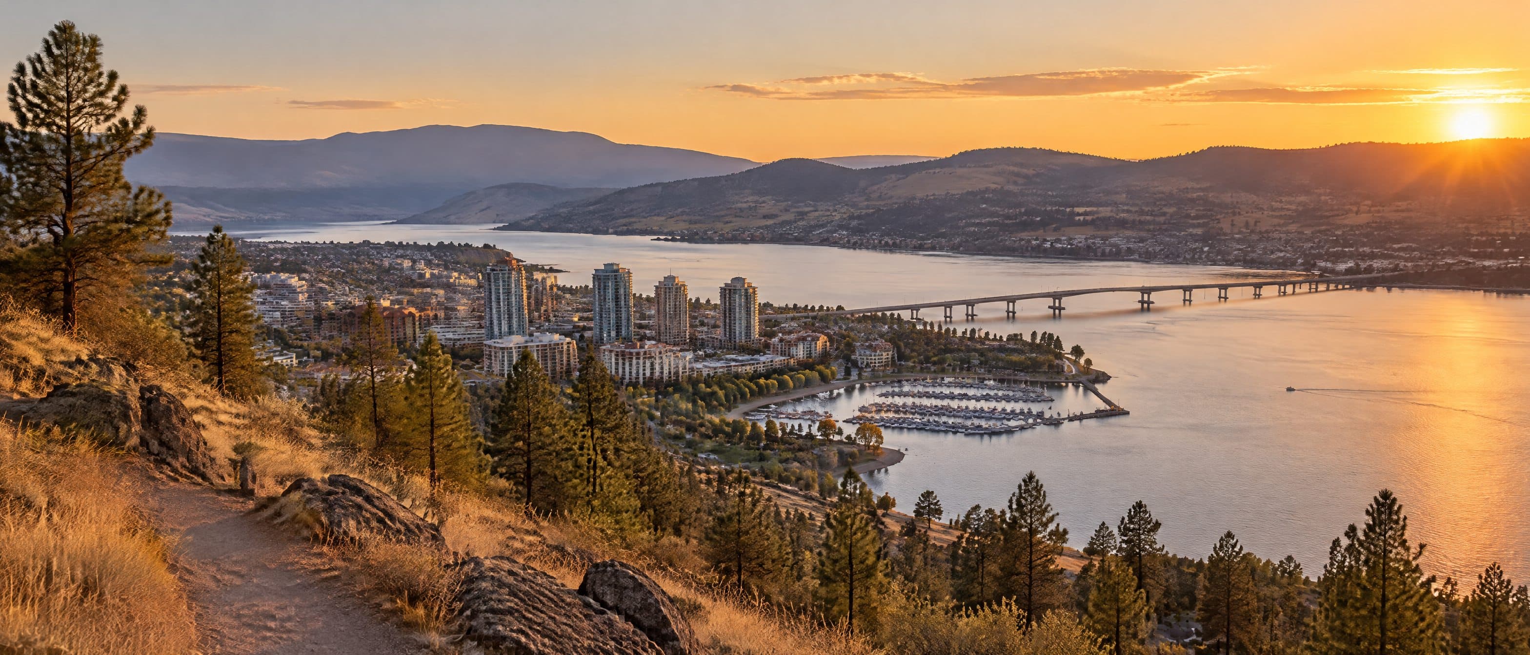 Kelowna, the W.R. Bennett Bridge and Okanagan Lake from the slopes of Knox Mountain.