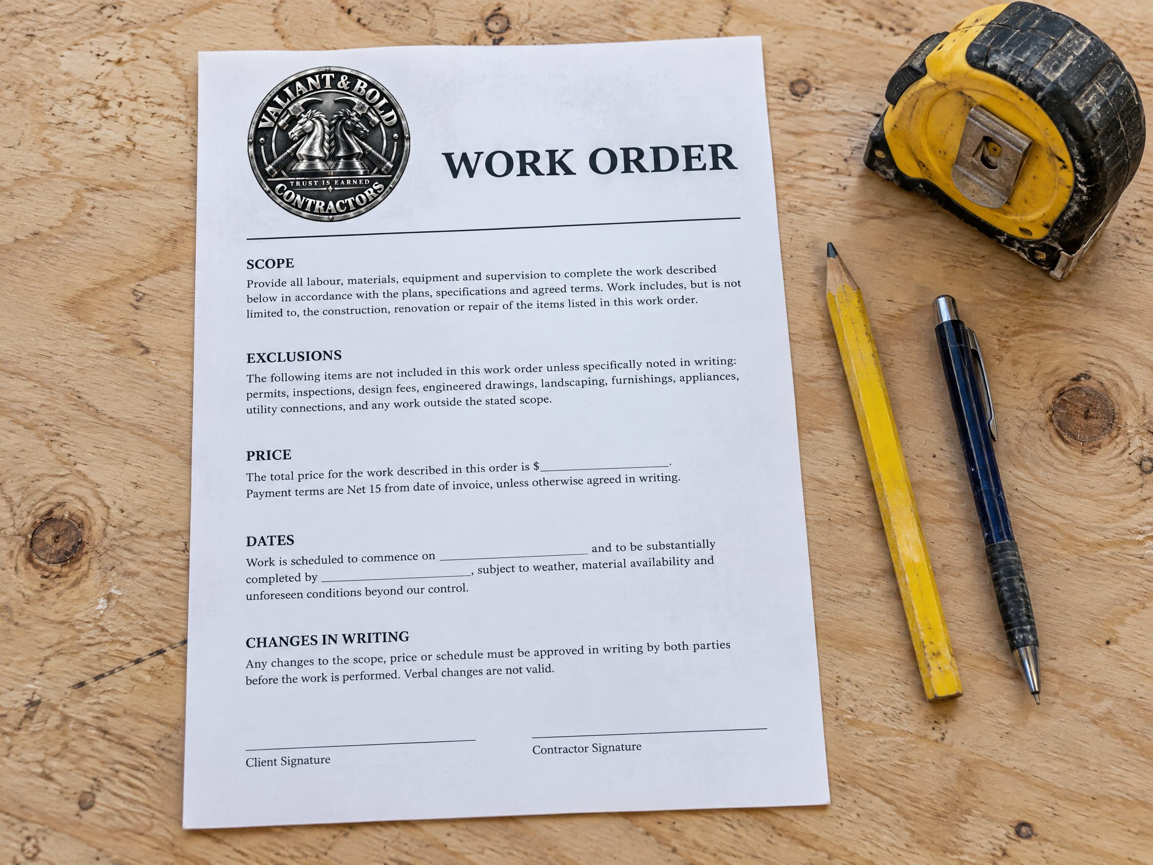 A printed Valiant & Bold work order with scope, exclusions, price, dates and signature lines.